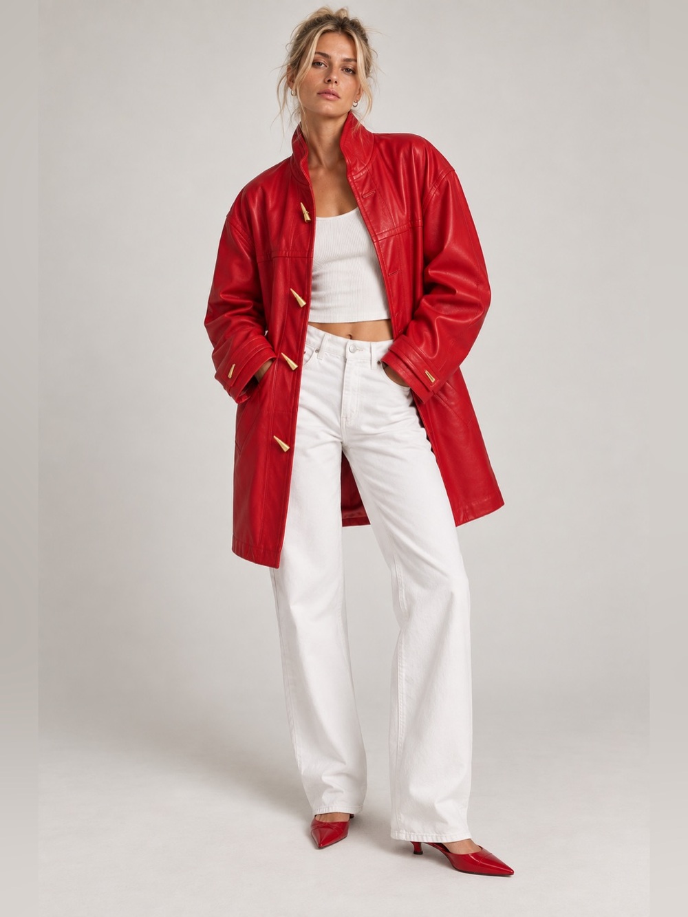 Jacqueline Ferrar Vintage 90s Red Genuine Leather Toggle Coat Gold Hardware M